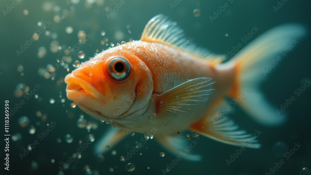 A goldfish swimming in the water with bubbles A goldfish swimming in the water with bubbles