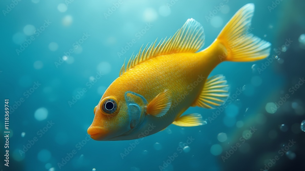 A yellow fish swimming in the ocean with bubbles A yellow fish swimming in the ocean with bubbles