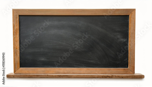 An empty chalkboard with a wooden frame, perfect for educational presentations, classroom lessons. Ideal for conveying concepts of learning and teaching. Isolated on white background