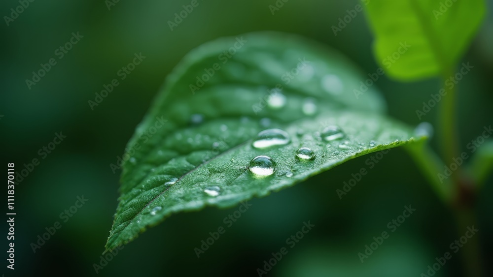 A green leaf with water droplets on it A green leaf with water droplets on it