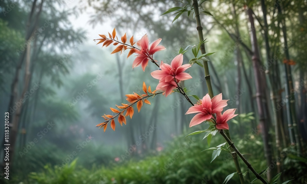 stunning bamboo flower in a garden with blurred background and misty atmosphere, bokeh, mist, tropical plants stunning bamboo flower in a garden with blurred background and misty atmosphere, bokeh, mist, tropical plants