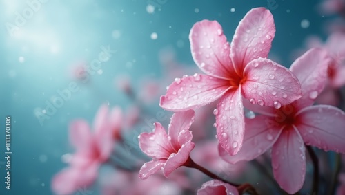 A bunch of pink flowers with water droplets on them