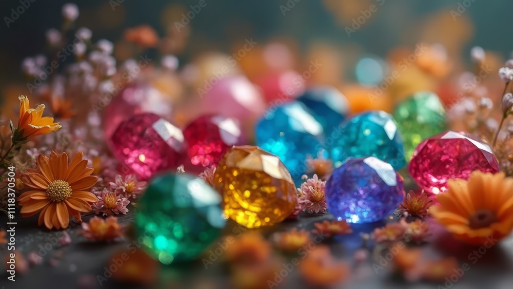 A bunch of colorful gems and flowers on a table A bunch of colorful gems and flowers on a table
