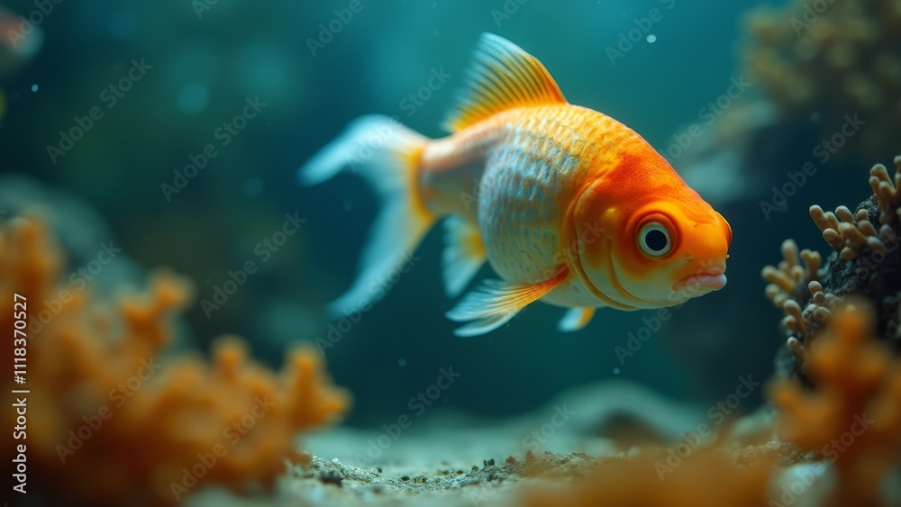 A goldfish swimming in an aquarium next to a coral reef A goldfish swimming in an aquarium next to a coral reef