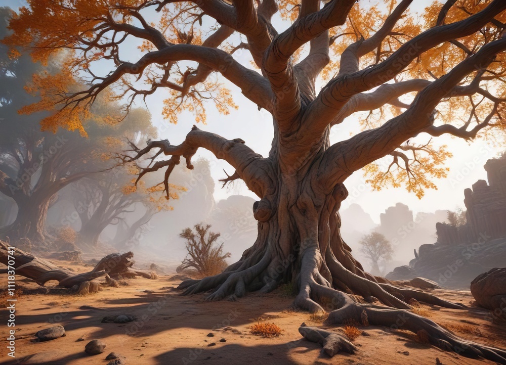 Ancient tree with gnarled trunk and sparse branches , gnarled bark, baobab tree, tree canopies Ancient tree with gnarled trunk and sparse branches , gnarled bark, baobab tree, tree canopies