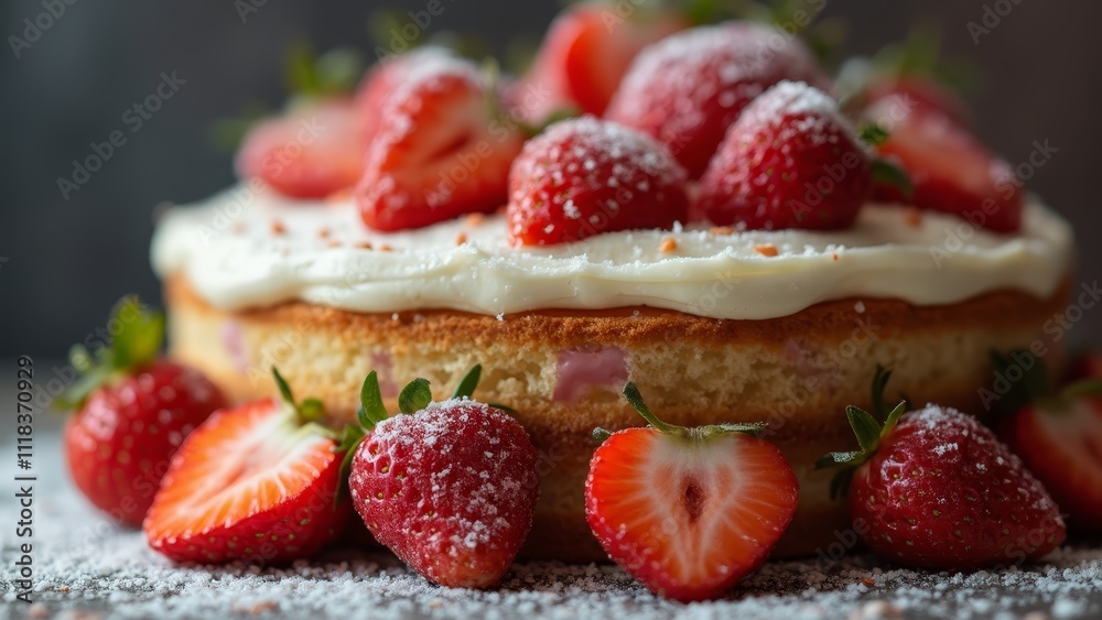A cake topped with strawberries and powdered sugar A cake topped with strawberries and powdered sugar