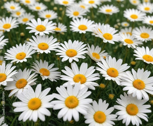 A field of soft yellow and white daisies gently swaying in the wind, peaceful scene, gentle movement, floral field