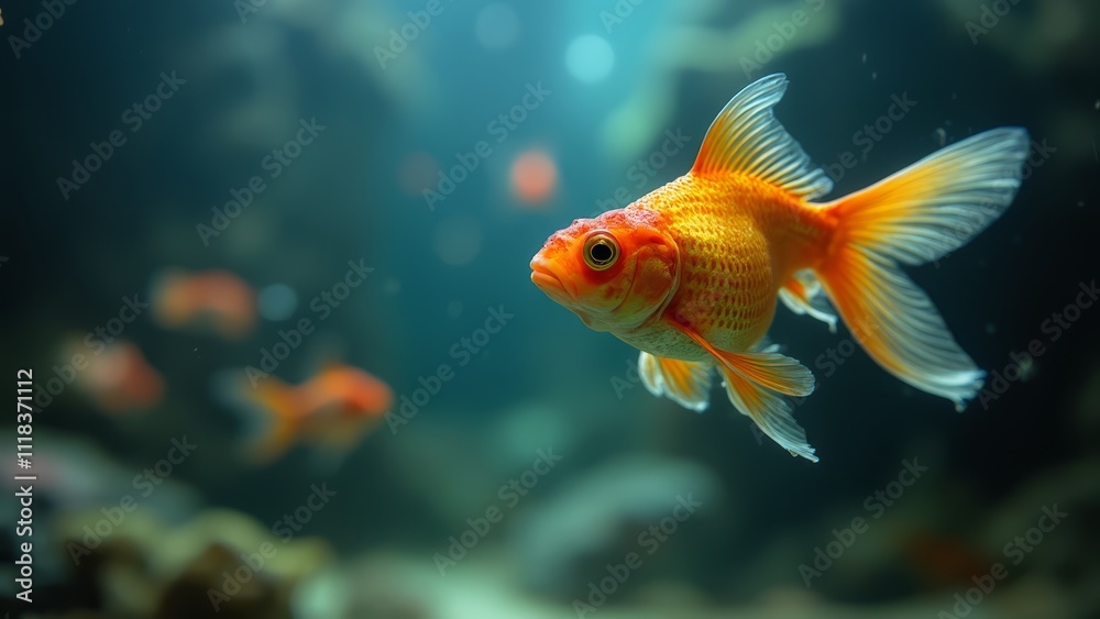 A goldfish swimming in an aquarium with other fish in the background A goldfish swimming in an aquarium with other fish in the background