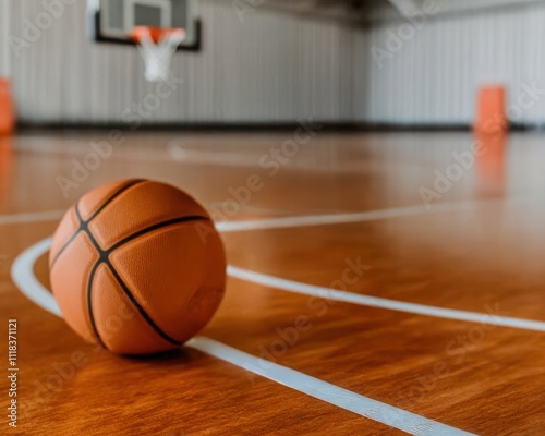 Close-Up View of a Basketball on the Court with a Blurred Hoop and Wooden Floor in a Recreation Center Gymnasium Setting