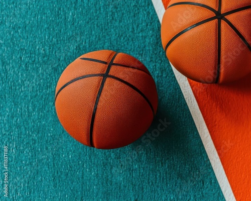 Two Vibrant Basketballs Lying on a Brightly Colored Court Surface: A Close-Up View Featuring Textured Orange Balls on a Blue and Orange Background photo