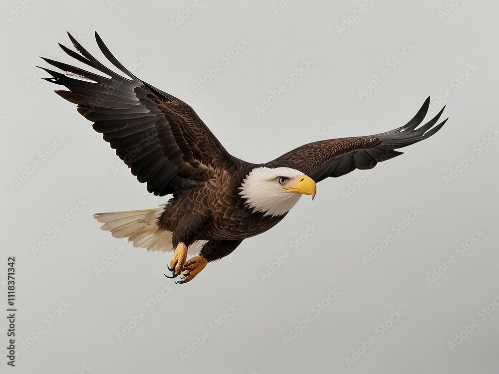 Fototapeta premium Сlose up bald eagle in flight isolated on white background. AI generated.