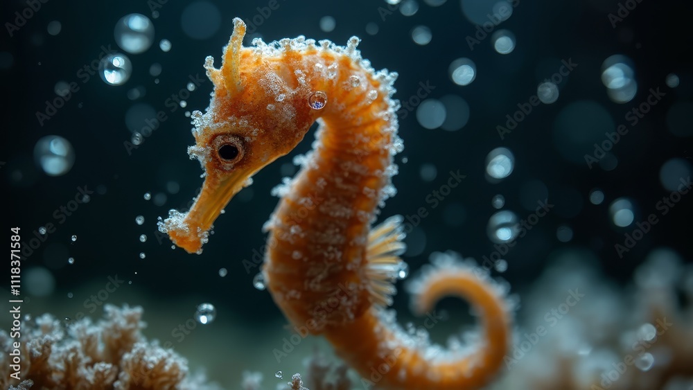 A close up of a seahorse in the water with bubbles A close up of a seahorse in the water with bubbles