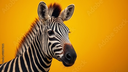 A zebra standing in front of an orange background