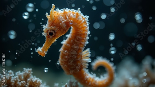 A close up of a seahorse in the water with bubbles