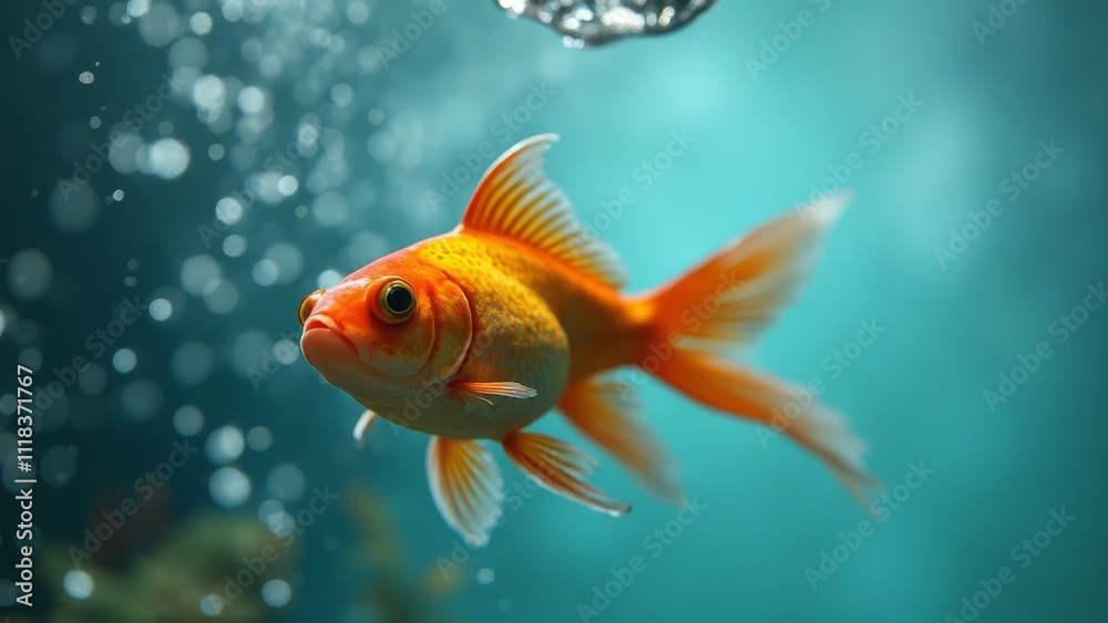 A goldfish swimming in an aquarium with bubbles A goldfish swimming in an aquarium with bubbles