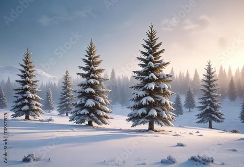 Spruce Christmas tree in a frosty winter landscape with snow-covered trees, snowy backdrop, frozen trees, frosty scenery photo