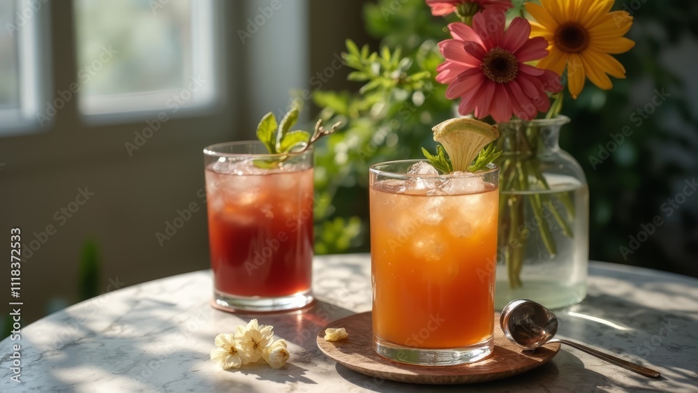 A couple of glasses filled with drinks sitting on top of a table A couple of glasses filled with drinks sitting on top of a table