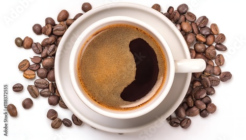 Top view of a steaming coffee cup on a saucer, surrounded by roasted coffee beans. Perfect for conveying morning energy and the aromatic essence of freshly brewed coffee. Isolated on white background photo