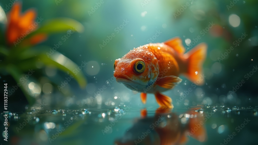 A goldfish swimming in a pond with water droplets A goldfish swimming in a pond with water droplets