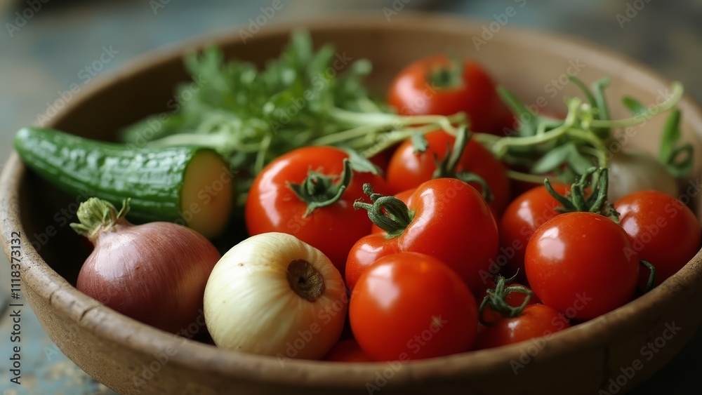 A wooden bowl filled with lots of different types of vegetables A wooden bowl filled with lots of different types of vegetables