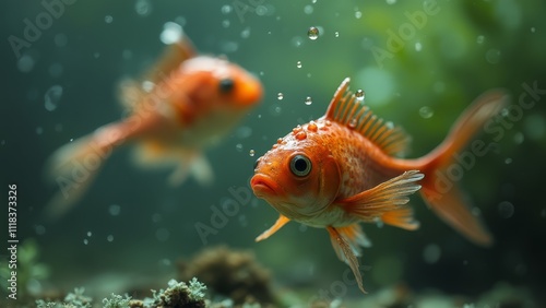 A couple of goldfish swimming in an aquarium with bubbles