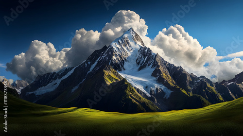 ajestätischer schneebedeckter Berg mit dramatischem Himmel und grünen Wiesen photo