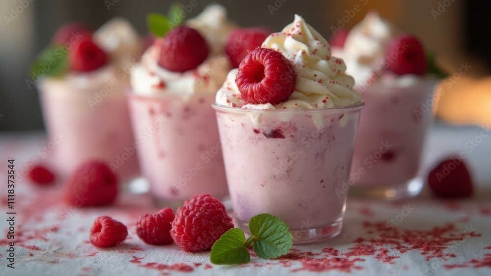 A close up of a dessert with whipped cream and raspberries A close up of a dessert with whipped cream and raspberries