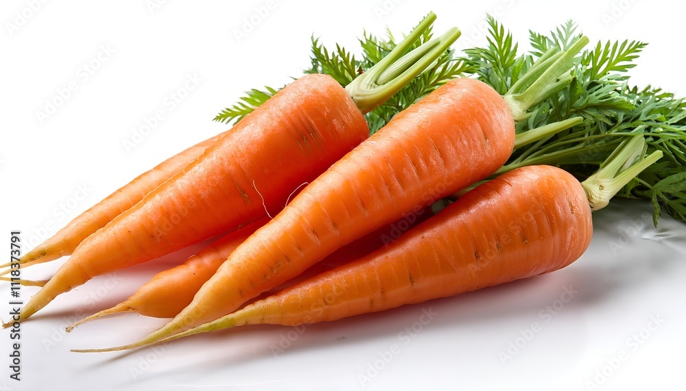 A vibrant bunch of fresh organic carrots with lush green tops, showcased isolated on a white background. Perfect for illustrating healthy eating and natural produce concepts. A vibrant bunch of fresh organic carrots with lush green tops, showcased isolated on a white background. Perfect for illustrating healthy eating and natural produce concepts.