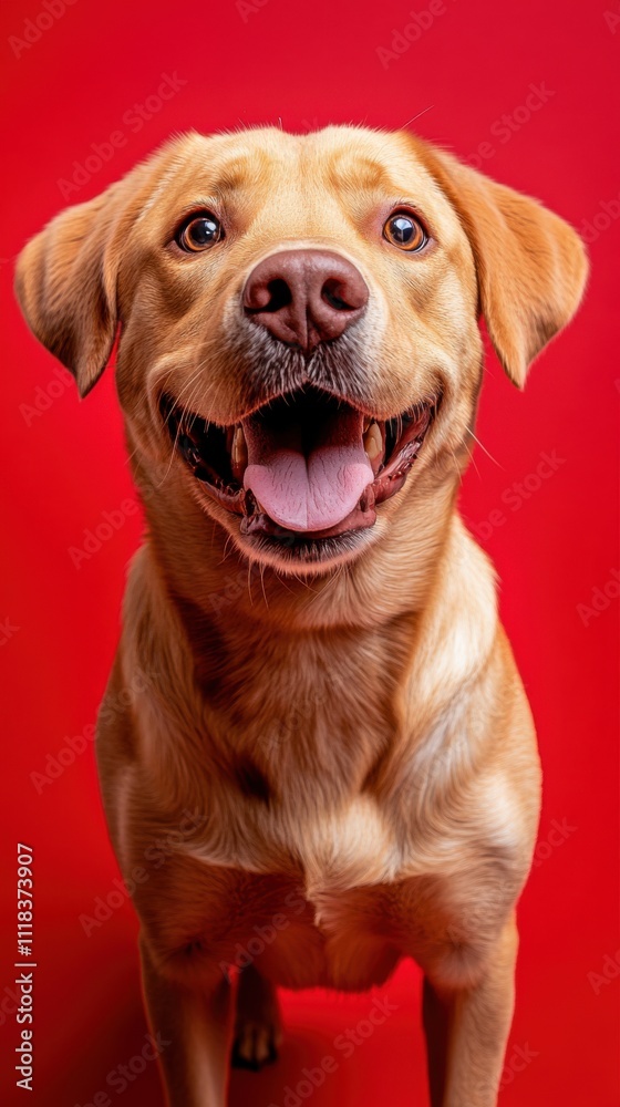Happy golden retriever poses against a vibrant red background with a cheerful expression Happy golden retriever poses against a vibrant red background with a cheerful expression