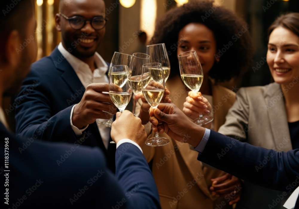 Business colleagues celebrating success, making a toast with champagne flutes at corporate event