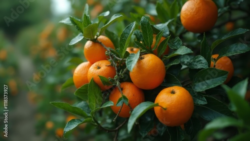 A bunch of ripe oranges hanging from a tree