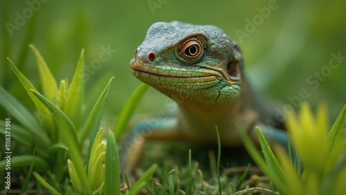 A green lizard sitting in the grass looking at the camera