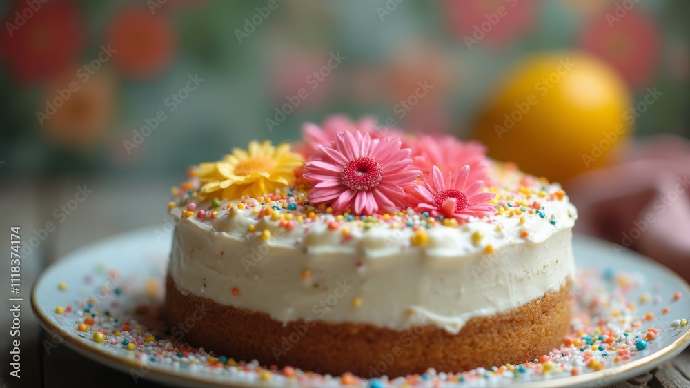 A cake with flowers on top of it on a plate A cake with flowers on top of it on a plate