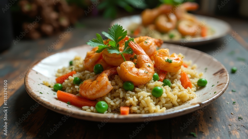 A plate of shrimp and rice with peas and carrots A plate of shrimp and rice with peas and carrots