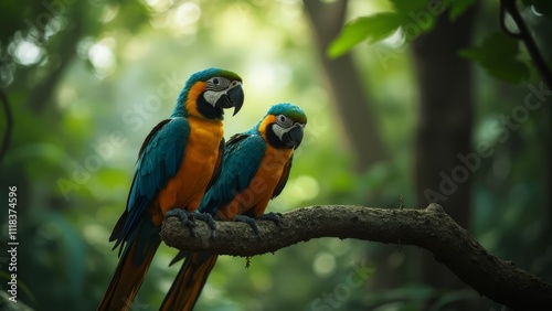 A couple of parrots sitting on top of a tree branch