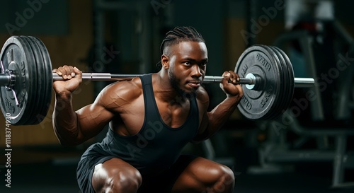 Muscular man doing squats with barbell in a gym. Male bodybuilder doing workout Confident young man doing barbell workout in gym Powerful attractive man.