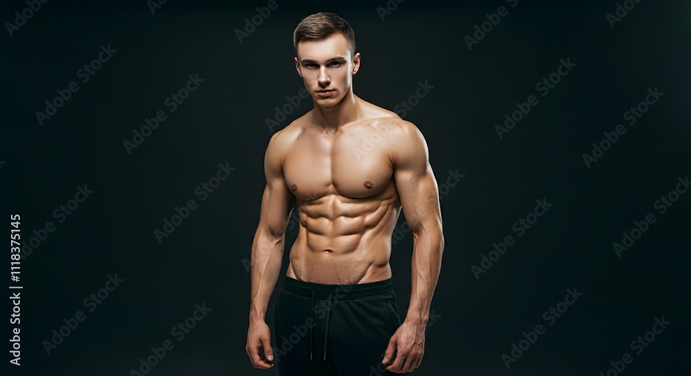 Fototapeta premium Slim muscular male model at black background. Fitness shirtless guy in black sport pants posing in studio. Man with six pack abs looking at camera.