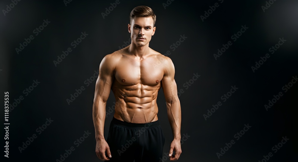 Fototapeta premium Slim muscular male model at black background. Fitness shirtless guy in black sport pants posing in studio. Man with six pack abs looking at camera.