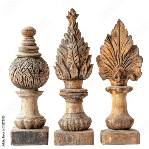 Antique Carved Wooden Finials Ornate Architectural Details Set of Three