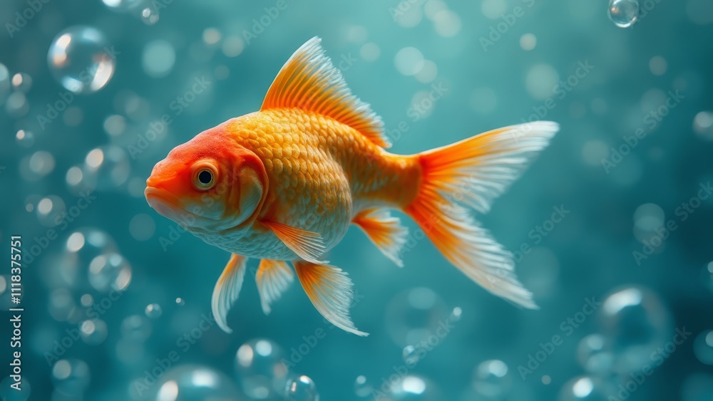 A goldfish swimming in an aquarium with bubbles A goldfish swimming in an aquarium with bubbles