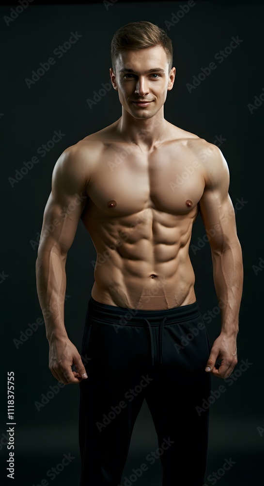 Slim muscular male model at black background. Fitness shirtless guy in black sport pants posing in studio. Man with six pack abs looking at camera. Slim muscular male model at black background. Fitness shirtless guy in black sport pants posing in studio. Man with six pack abs looking at camera.