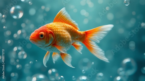 A goldfish swimming in an aquarium with bubbles