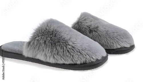 Soft and fluffy gray slippers designed for comfort and warmth, ideal for cozy indoor use. Perfect for relaxing at home on cold days, offering a snug and plush feel. Isolated on white background photo