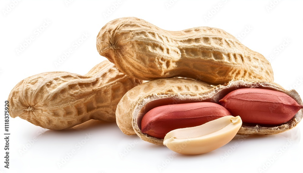A group of whole peanuts in their shells, including one opened peanut revealing its edible seeds. Perfect for food-related projects and marketing materials. Isolated on white background A group of whole peanuts in their shells, including one opened peanut revealing its edible seeds. Perfect for food-related projects and marketing materials. Isolated on white background