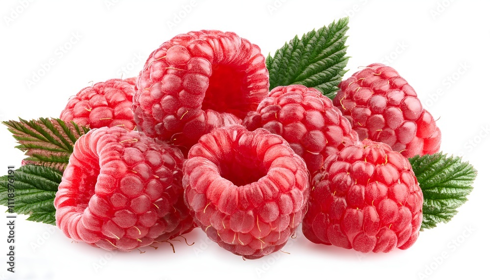 A vibrant cluster of fresh, ripe raspberries with green leaves. Perfectly captured isolated on a white background to emphasize their natural beauty and freshness, ideal for culinary inspiration. A vibrant cluster of fresh, ripe raspberries with green leaves. Perfectly captured isolated on a white background to emphasize their natural beauty and freshness, ideal for culinary inspiration.
