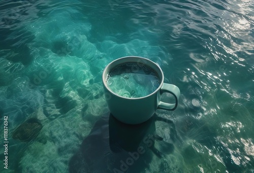 A cup with dirty greyish green water on the left and sparkling clear blue water on the right, water pollution effects, eco preservation photo