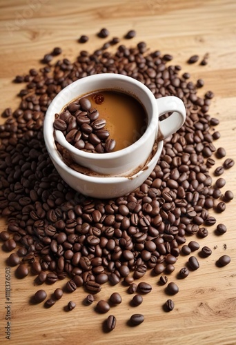 Coffee beans scattered around a cup of coffee on a wooden table , wood, coffee table, coffee