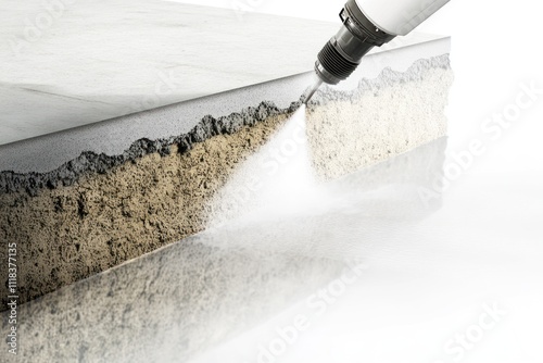 Spraying protective coating onto concrete surface, cross-section view.