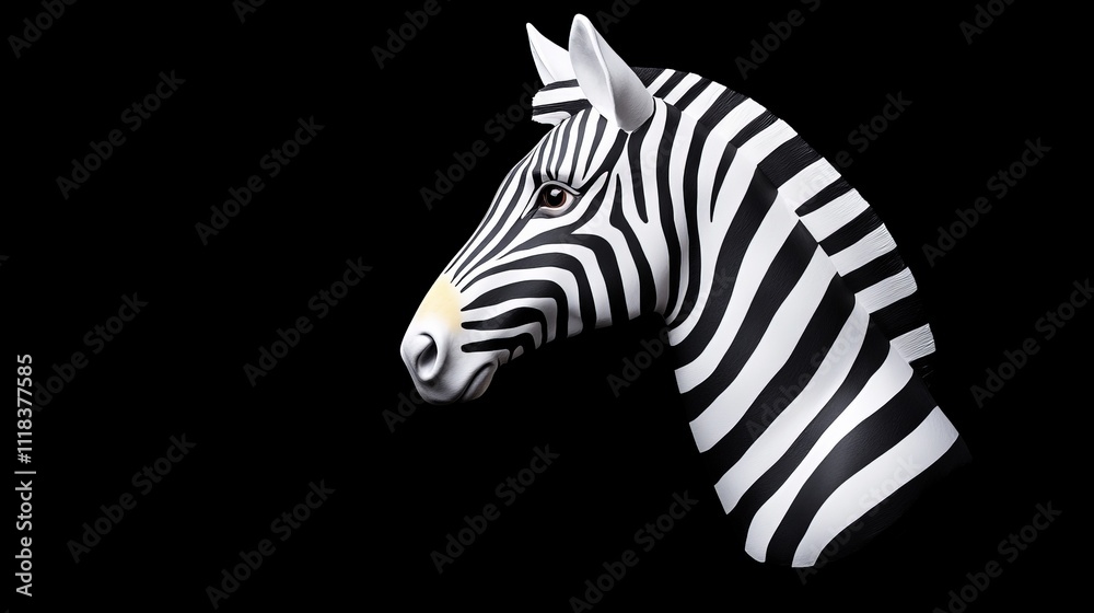Fototapeta premium Zebra Portrait: Striking and elegant, a zebra's head stands out against a black backdrop, showcasing the animal's distinctive black and white stripes and captivating gaze.