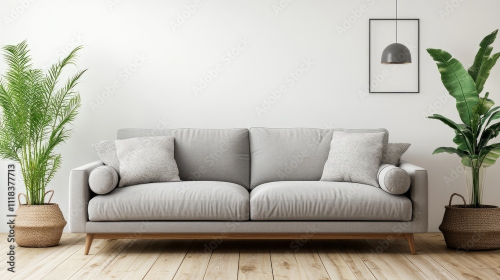 Fototapeta premium Contemporary living room with a plush gray sofa, warm oak floors, and minimalist decor illuminated by natural light